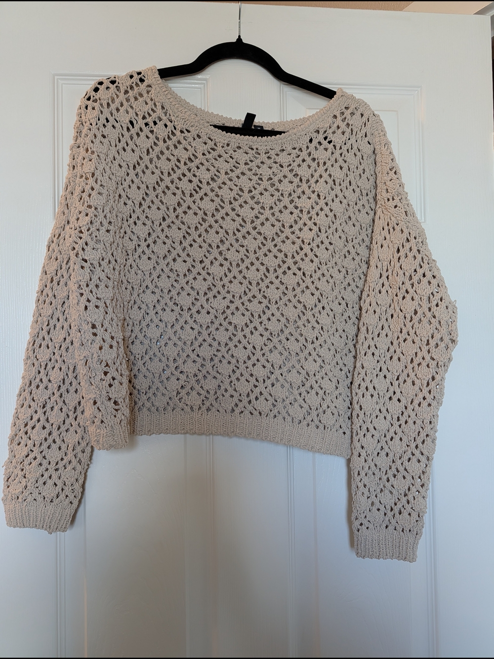 Crochet Knit Openwork Sweater - Cream Boho Artsy Crochet Sz M